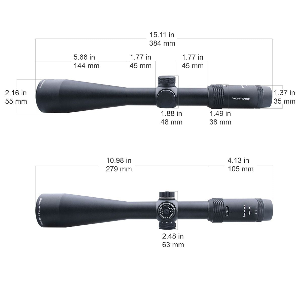 Technische Zeichnung des Forester 3-15x50 SFP Zielfernrohrs mit exakten Abmessungen für Montageplanung und Kompatibilität.