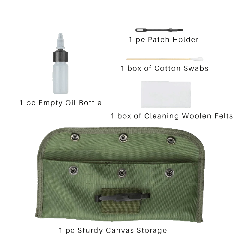 AR15 Feldreinigungsset mit leerer Ölflasche, Baumwollstäbchen, Patch-Halter und robuster Tasche – ideal für AR15/M16 Waffenpflege.