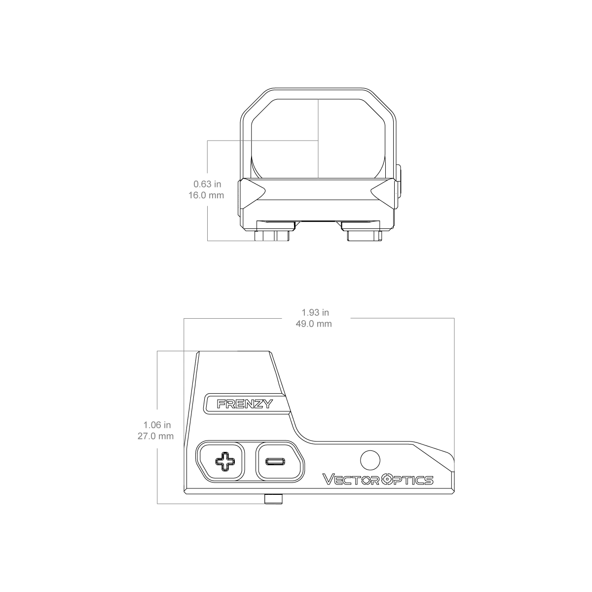 Technische Zeichnung des Frenzy 1x16x24 Walther Red Dot Sight mit genauen Maßen für präzise Waffenmontage.