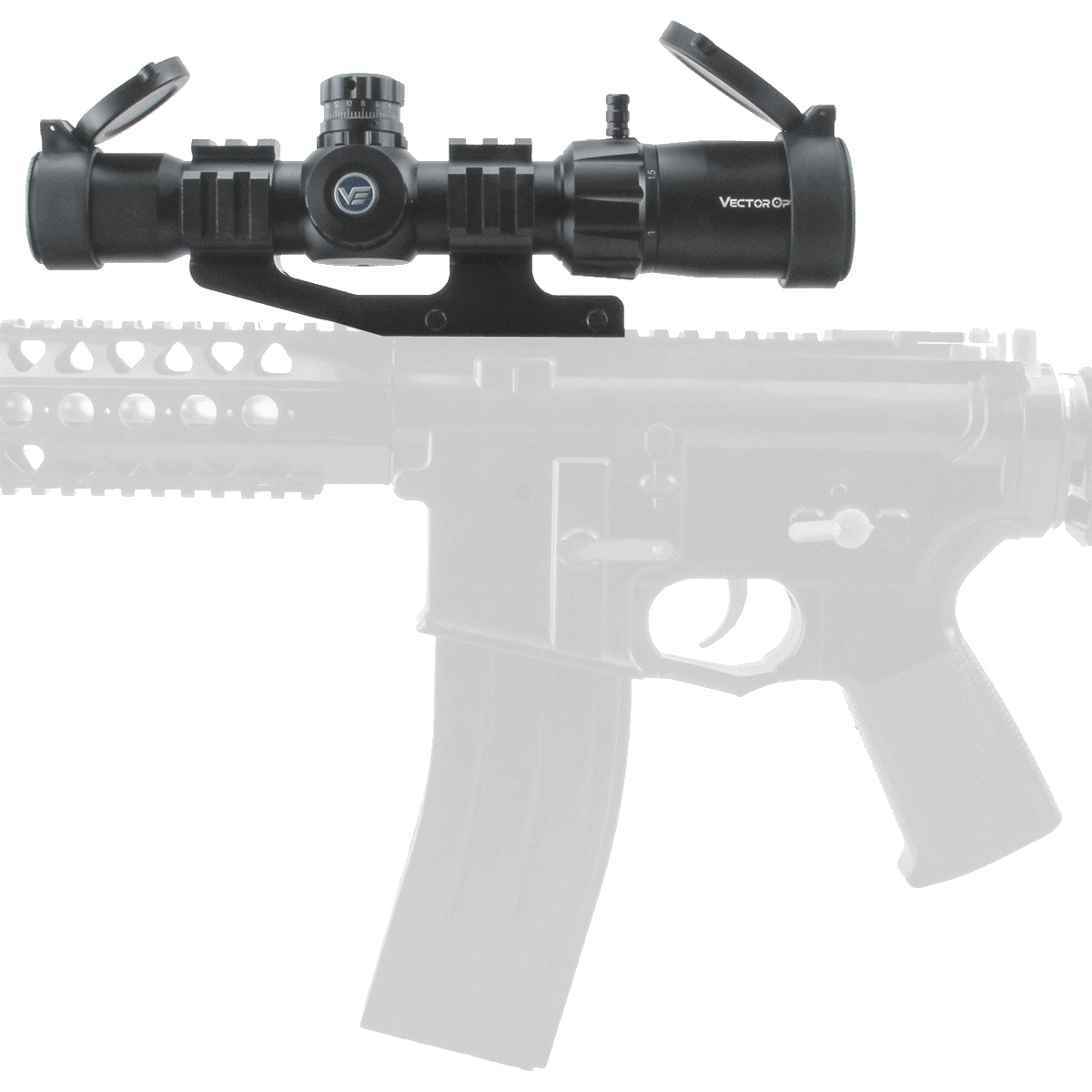 Montiertes Mustang 1-4×30 SFP Zielfernrohr auf taktischem Gewehr, ideal für dynamisches Schießen und Zielverfolgung.