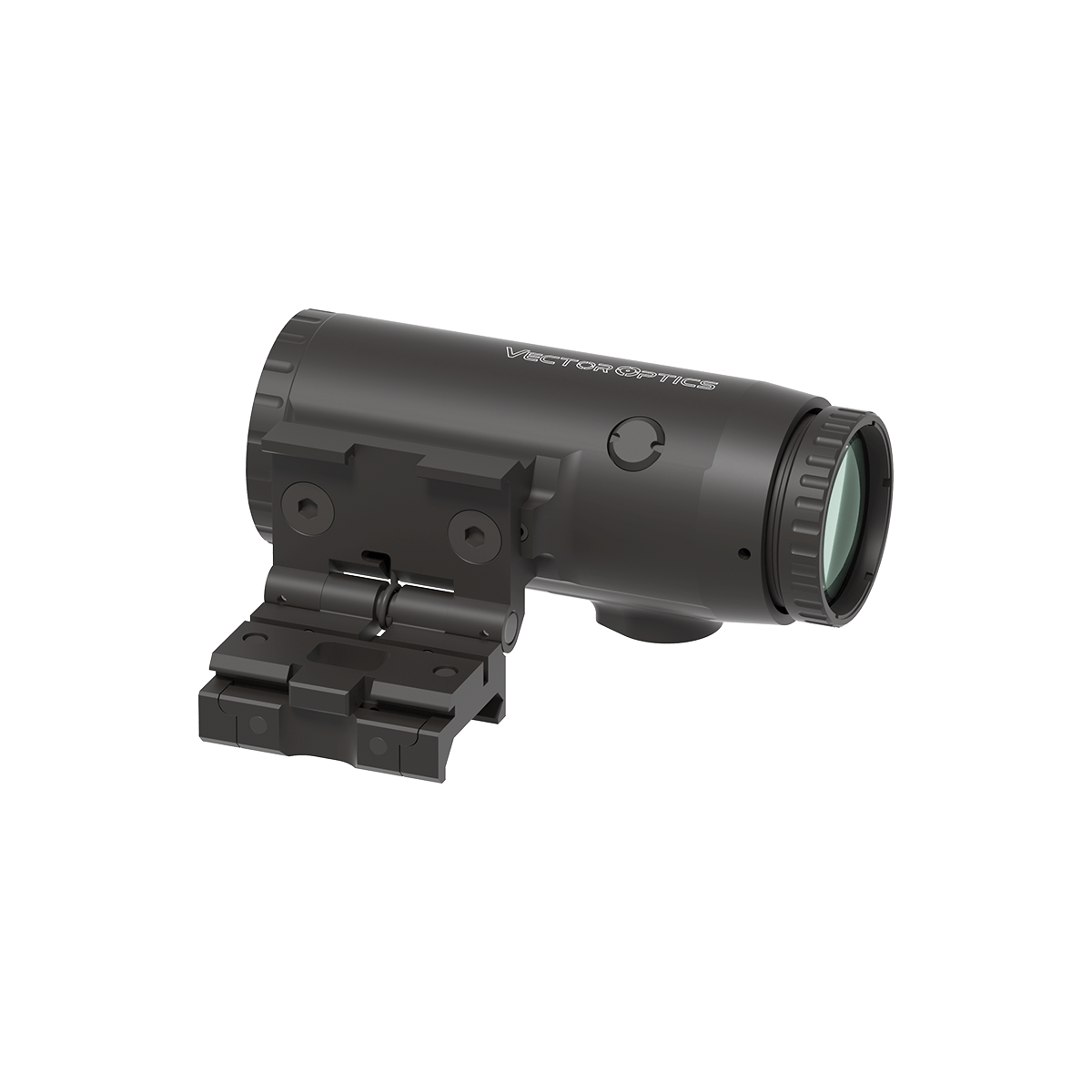 Rückansicht des 5x Magnifier Paragon SCMF-34 mit klappbarer Picatinny-Halterung zur flexiblen Montage an Optiksystemen.