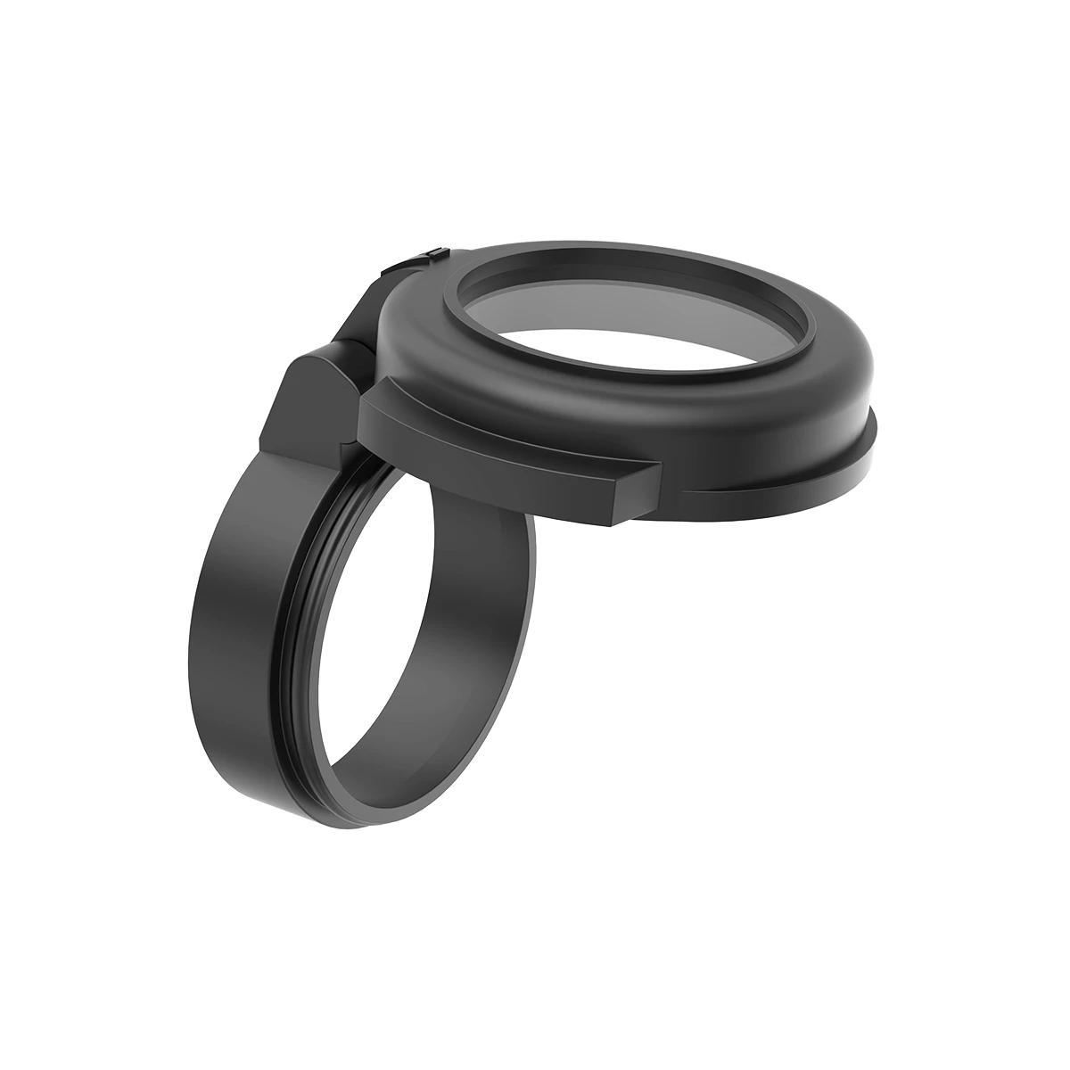 Geöffnete Flip-Cap Linsenschutzkappe für 28mm Objektive. Ideal für schnellen Zugriff bei gleichzeitiger Schutzfunktion.