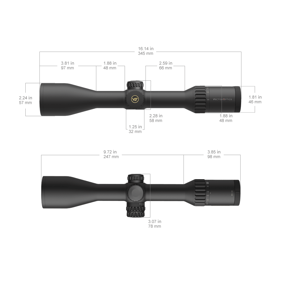 Technische Zeichnung des Continental x8 2-16x50 SFP Zielfernrohrs mit genauen Abmessungen für Montage und Kompatibilität mit Waffenoptiken.