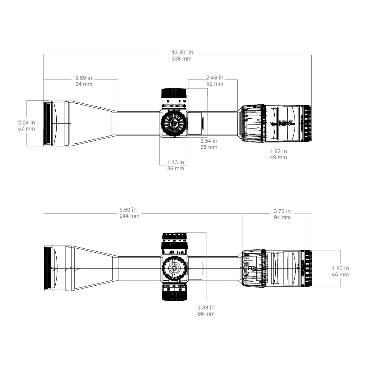 Technische Zeichnung des Tauron 2-16x50 HD SFP Zielfernrohrs mit genauen Maßangaben für Montage und Kompatibilität mit Waffenplattformen.
