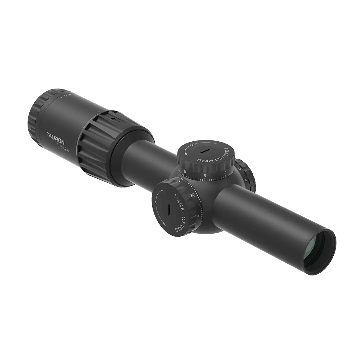 Seitliche Ansicht des langlebigen Vector Optics Tauron 1–6×24 SFP Zielfernrohrs mit wasserdichtem Design und 30 mm Rohrdurchmesser.