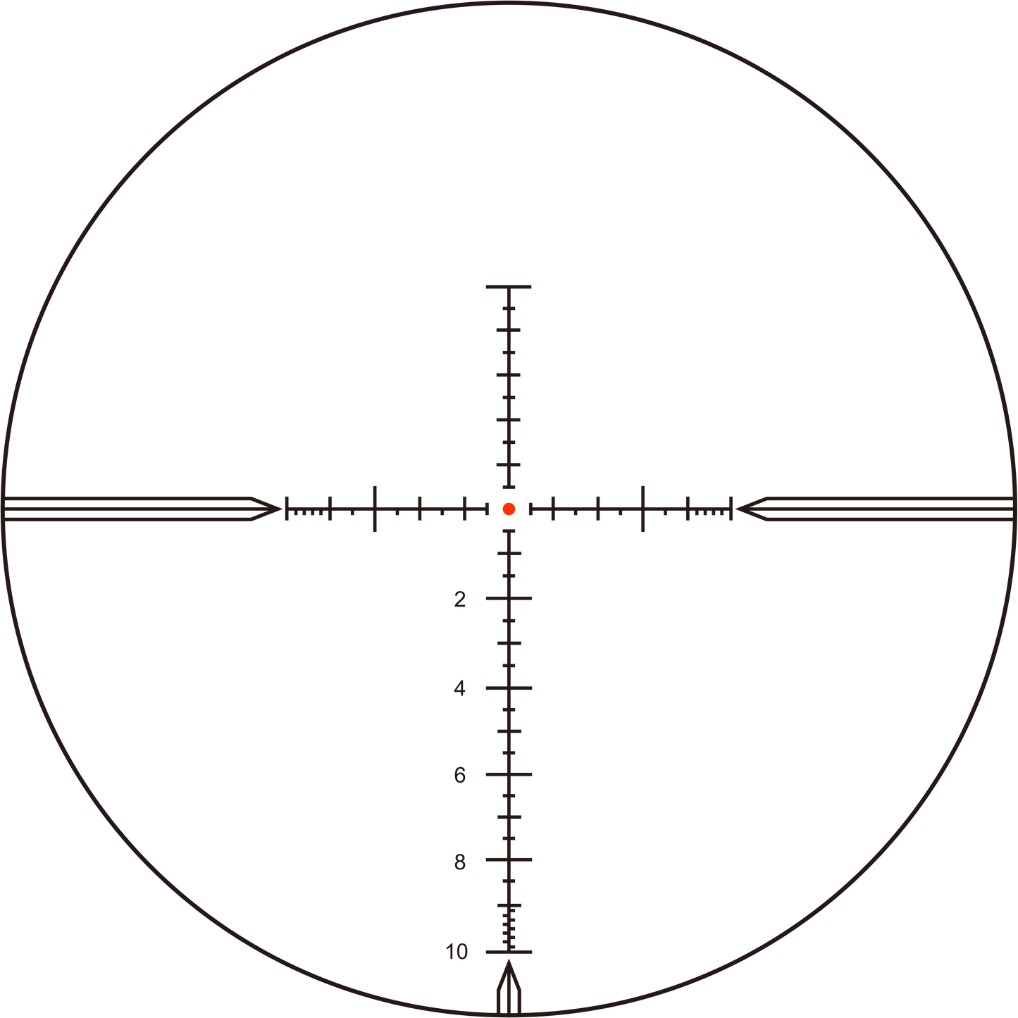 MPX1 FFP-Absehen des Tauron 3-18x50 GenII mit rotem Leuchtpunkt und präziser Skala für taktische Zielerfassung auf große Distanzen.