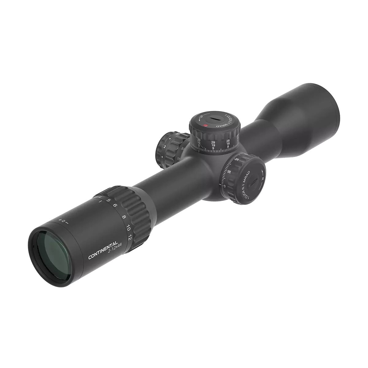 Seitenansicht des Continental X6 2–12×44 Zielfernrohrs mit klarer Skalierung und robustem Zoom-Ring für schnelle Anpassung.