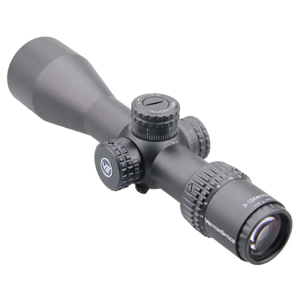 Veyron 3-12x44 FFP Zielfernrohr mit MIL-Absehen, Parallaxenausgleich und 44mm Objektiv für klare Zielansicht.