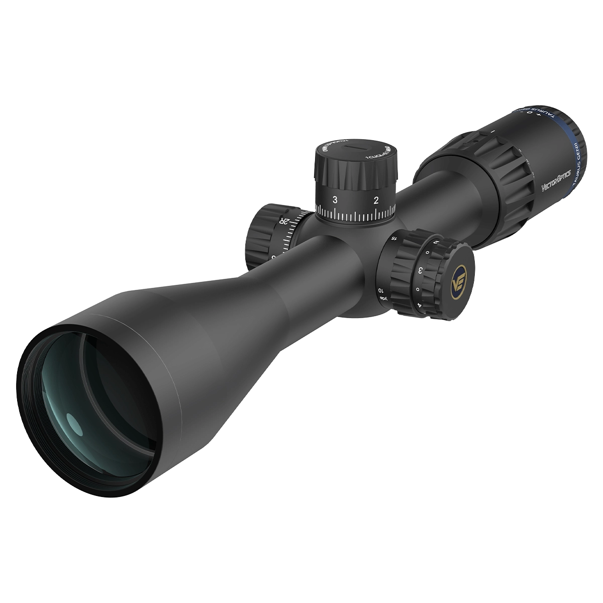 Seitliche Perspektive des Vector Optics Tauron 2-16x50 HD SFP mit verstellbaren Türmen und hochwertiger Lanthan-Glaslinse für klare Zielerfassung.