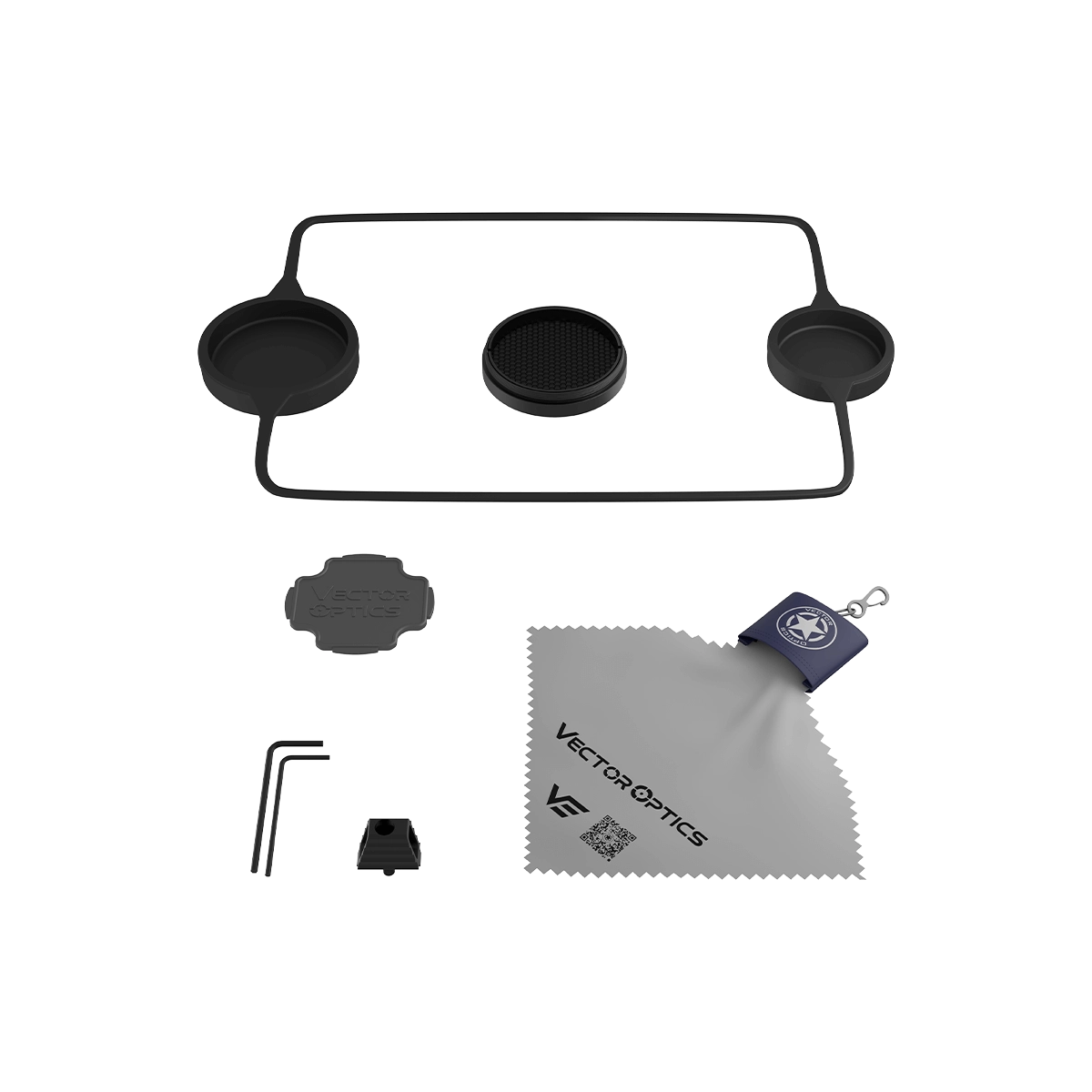 Lieferumfang des Vector Optics Tauron 2-16x50 HD SFP inklusive Flip-Up-Caps, Reinigungstuch, Inbusschlüssel und Honigwabenfilter für optimalen Schutz.