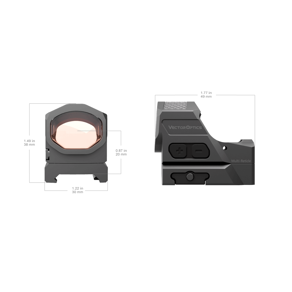 Frenzy-X 1×19×26 GenII - Vector Optics | Technische Abmessungen des Red Dot Visiers mit Höhen- und Breitenangaben für Pistolenkompatibilität.