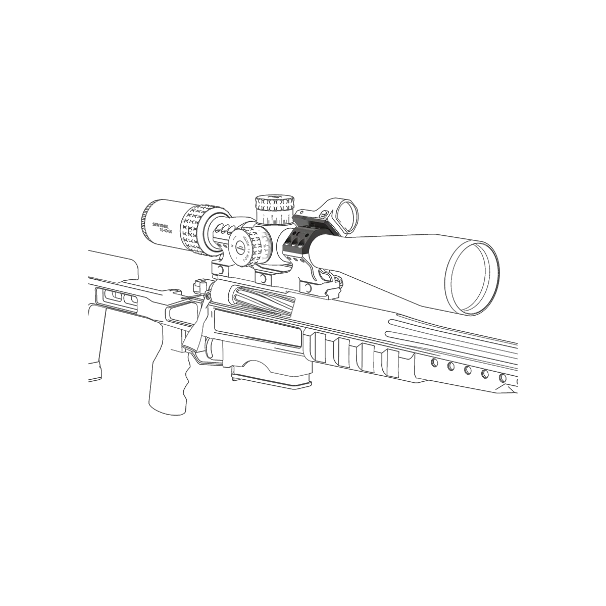 X-Accu Montageset für 30mm/34mm Tubus montiert auf Zielfernrohr mit Picatinny-Schiene – perfekte Passform für taktisches Zubehör.