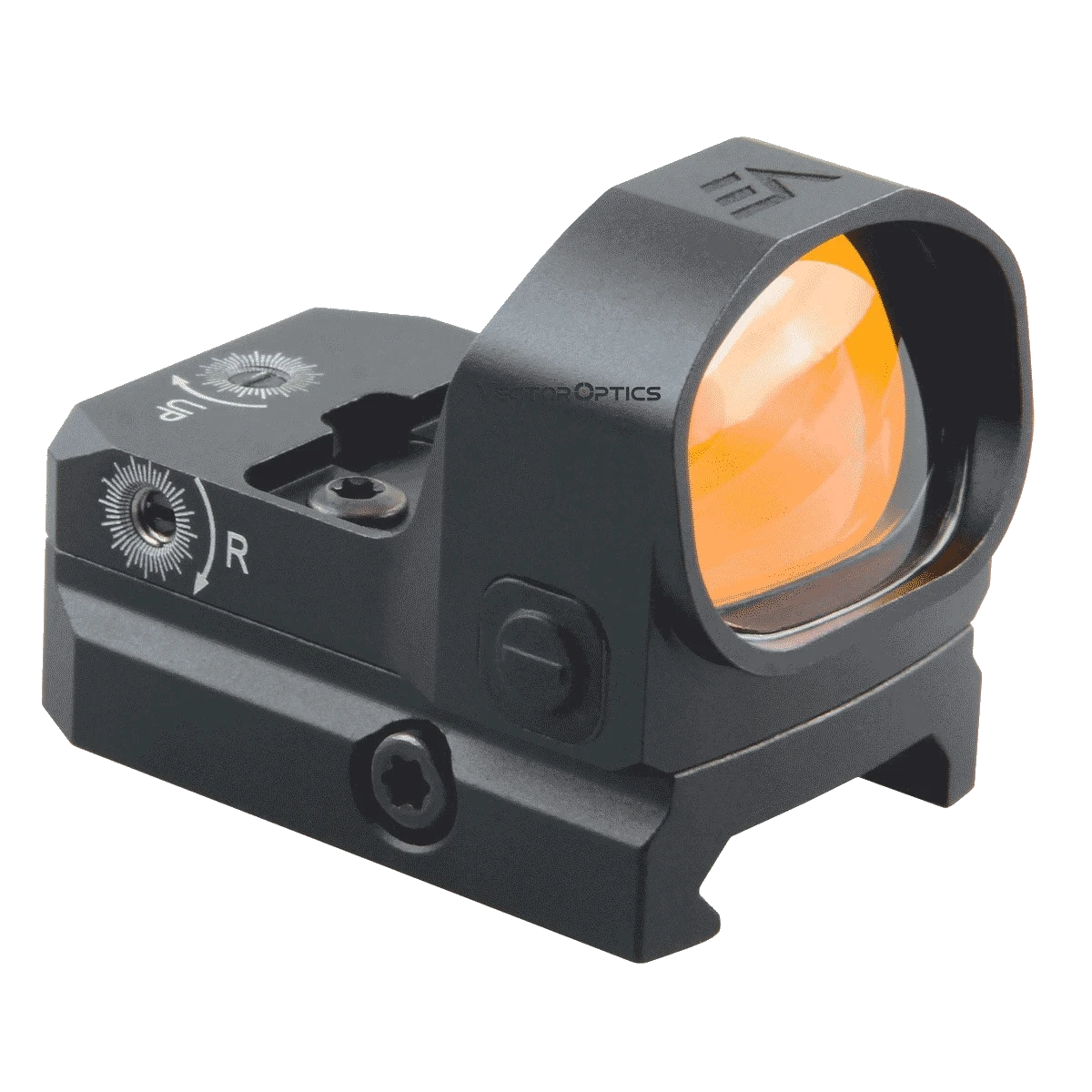 Seitliche Ansicht des Frenzy 1x20x28 Red Dot von Vector Optics mit IPX6-Schutz und präziser Helligkeitseinstellung.