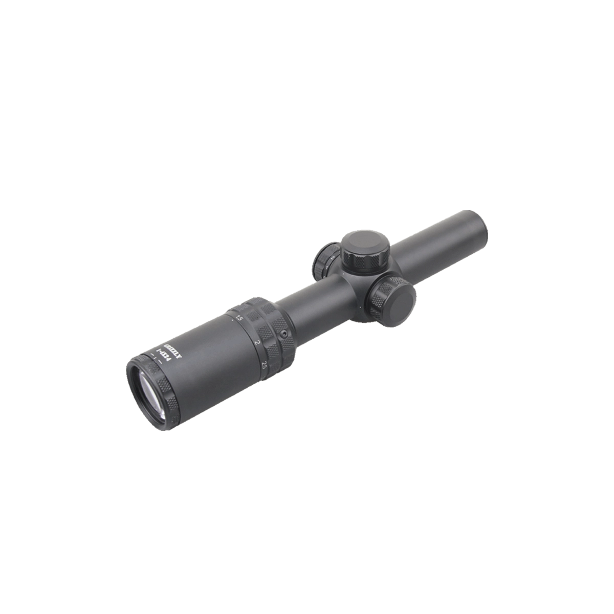 Grizzly 1–4×24 SFP-Zielfernrohr mit beleuchtetem Absehen und ergonomischem Design für zuverlässige Jagdeinsätze.