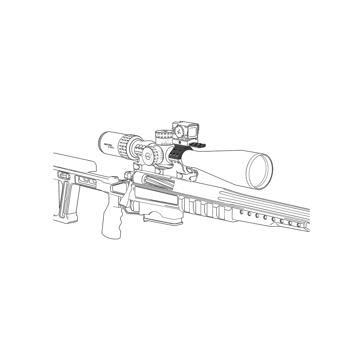 Montiertes Vector Optics X-Accu Montageset für 30mm/34mm Tubus auf Präzisionsgewehr mit Picatinny-Schiene für Reddot-Integration.