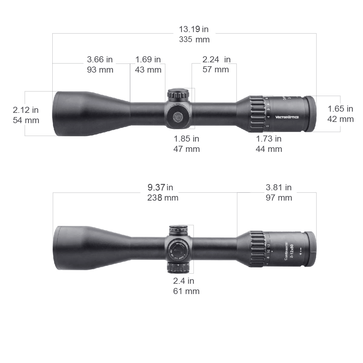 Technische Zeichnung des Continental X6 2–12×50 Zielfernrohrs mit genauen Abmessungen für Montage und Kompatibilität auf Jagdwaffen.