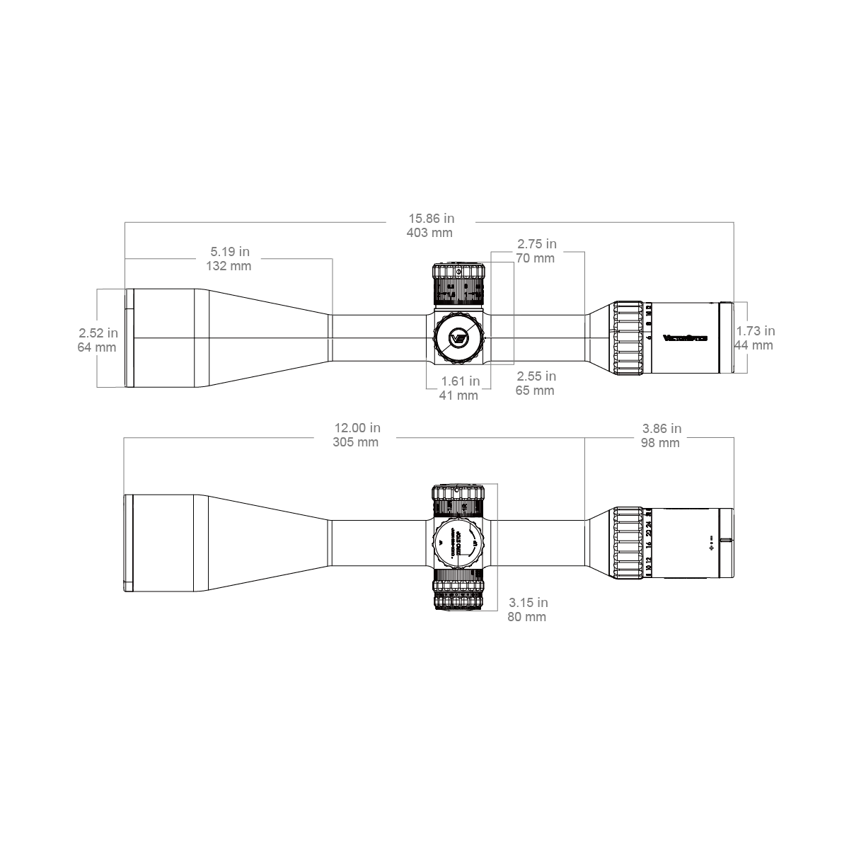 Technische Zeichnung des Continental x8 6-48x56 ED MIL Zielfernrohrs mit Maßangaben für präzise Montage und Anwendung.