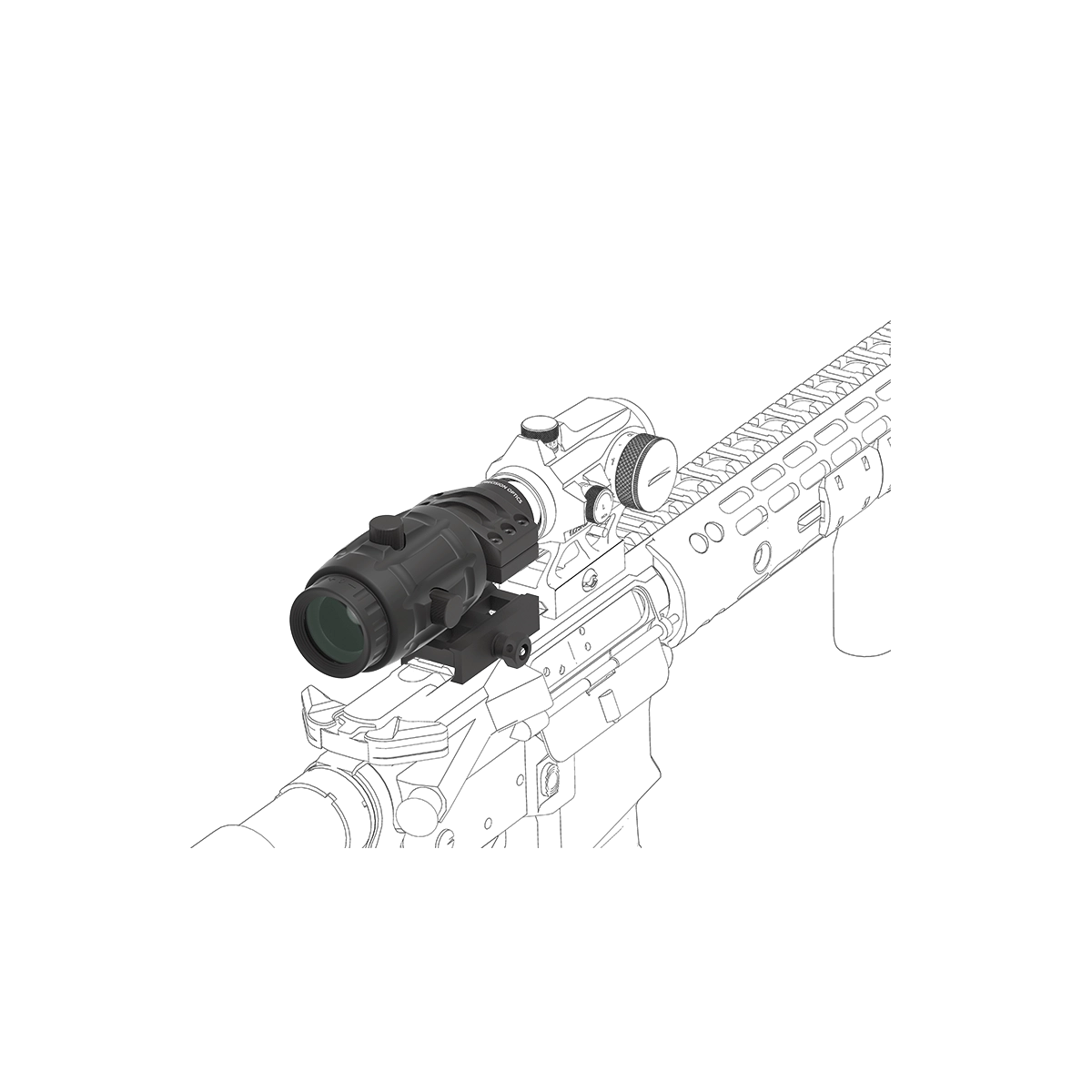Montierter 3x Magnifier Maverick SCMF-11 auf Waffe mit Reflexvisier. Ideal für präzises Zielen bei mittleren Distanzen.