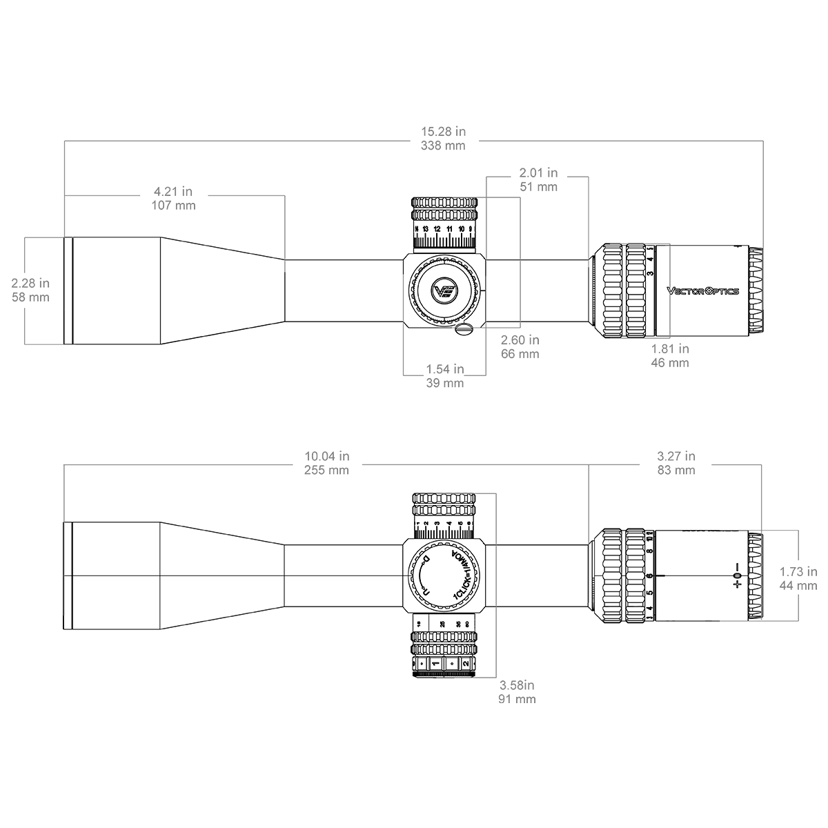 Technische Zeichnung des Orion Pro 3-18x50 SFP Zielfernrohrs mit Maßangaben zur optimalen Montage auf der Waffe.