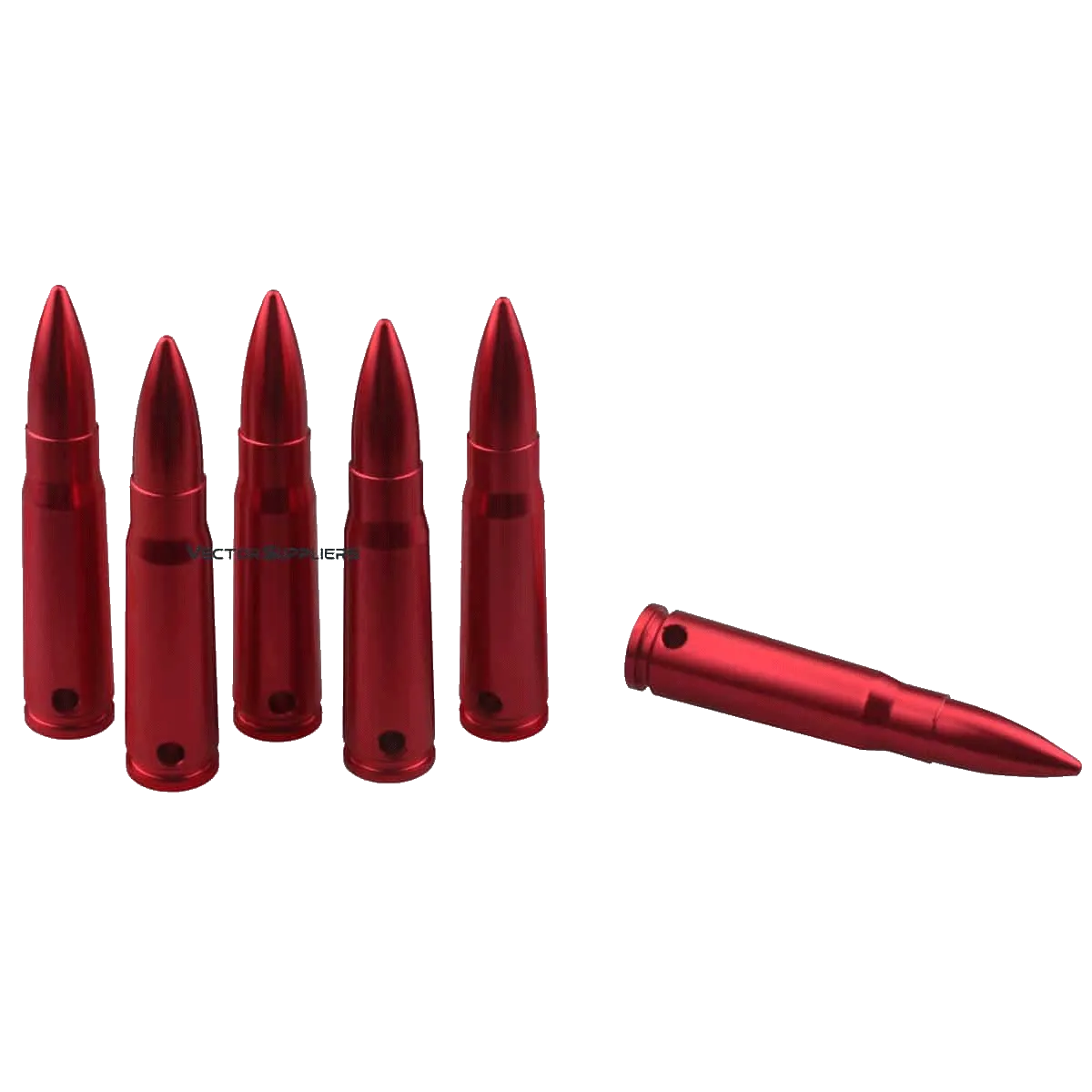 Lange Übungspatronen in Rot für Gewehrkaliber. Aluminium-Snap Caps mit Bohrungen zur sicheren Unterscheidung von echter Munition.