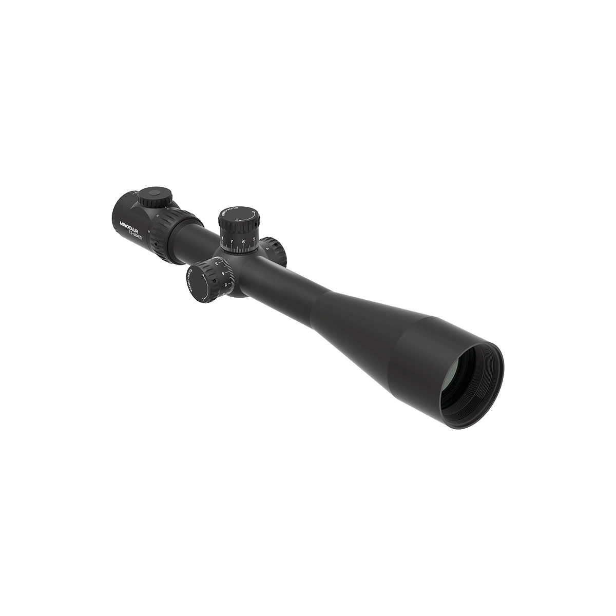 Schrägansicht des Minotaur 12-60x60 GenII SFP Zielfernrohrs mit 60-facher Vergrößerung und präziser Parallaxeneinstellung.