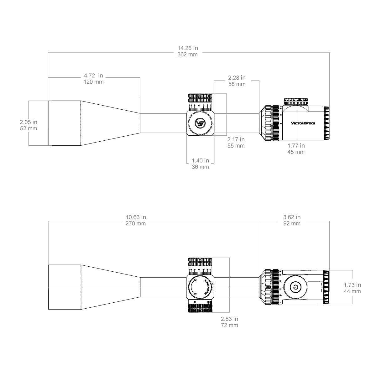 Technische Zeichnung des Hugo 6-24x50GT SFP Zielfernrohrs mit genauen Maßangaben in Zoll und Millimeter für Montageplanung.