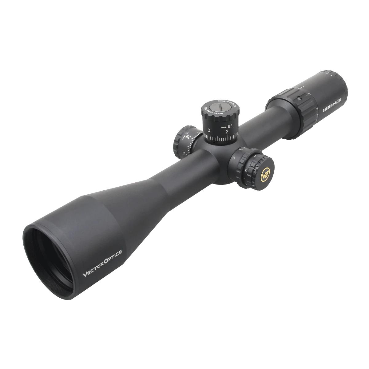 Vector Optics Tauron 6-24x50 HD SFP Zielfernrohr in schräger Ansicht mit sichtbaren Verstelltürmen und großem Objektiv für präzises Zielen.
