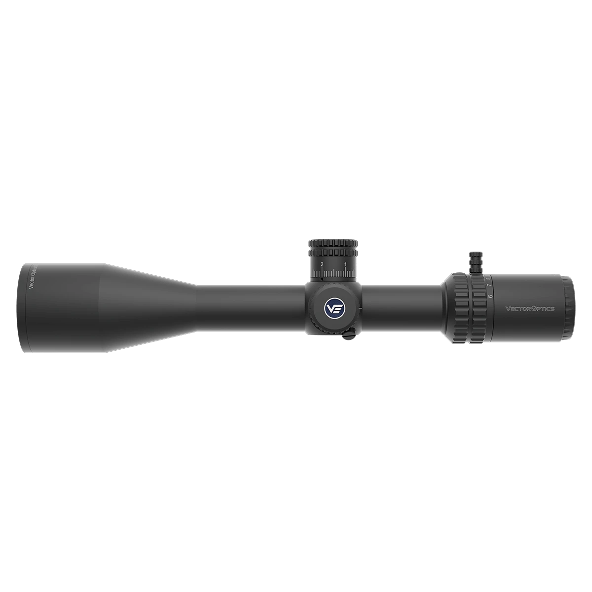 Orion Pro Max 6-24x50 Zielfernrohr mit HD Optik und SFP-Absehen, Seitenansicht mit taktischen Türmen für präzises Schießen.