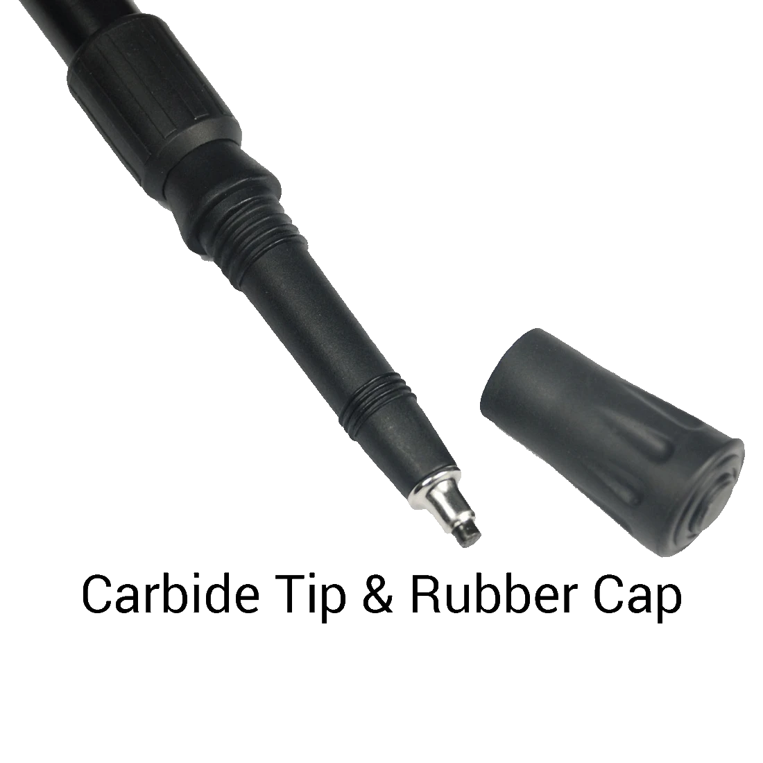 Detailansicht der Spitze des Monopod RSGR-01 mit Hartmetallspitze und Gummikappe. Robuste Konstruktion für vielseitige Untergründe.