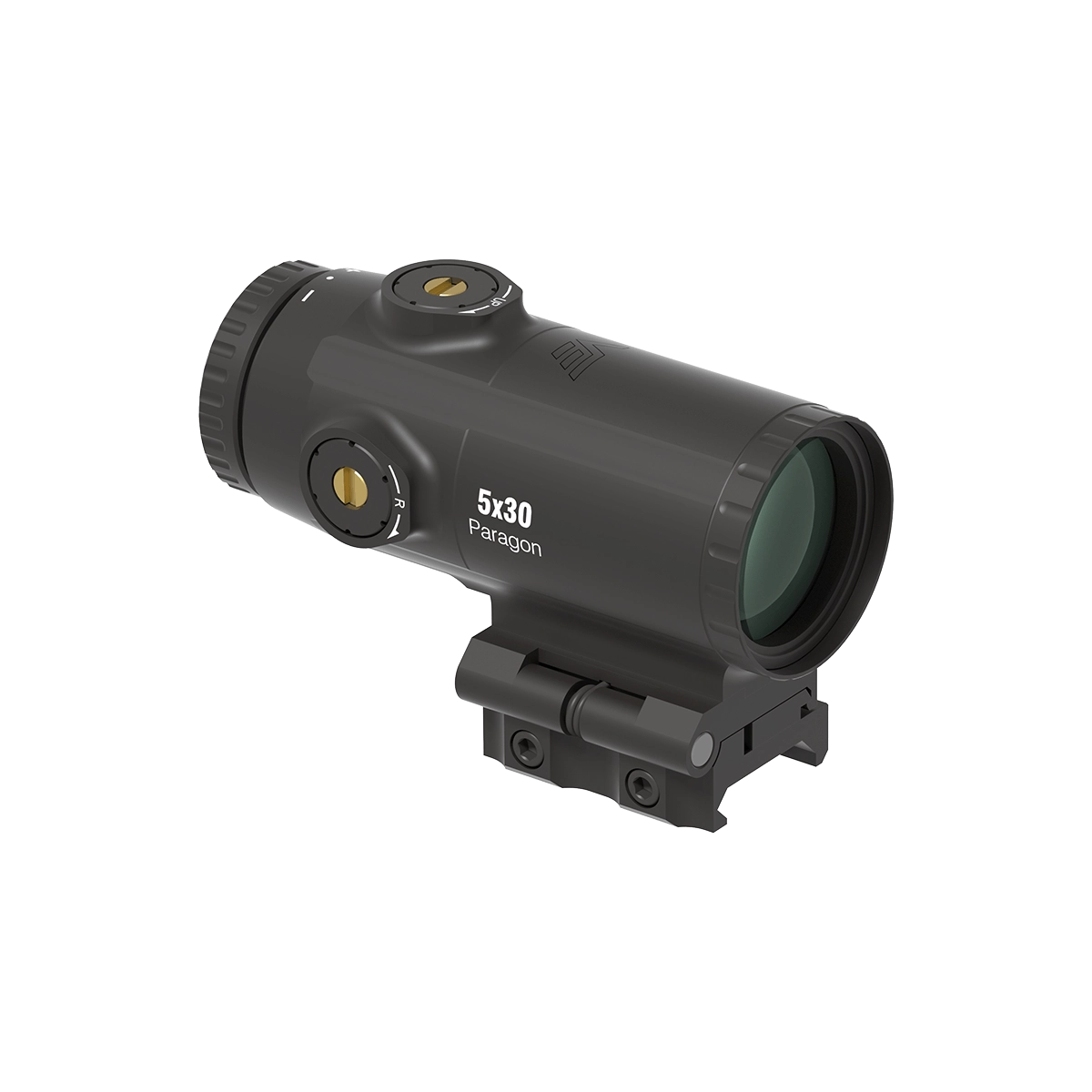 Seitliche Ansicht des 5x Magnifier Paragon SCMF-34 mit 30 mm Objektiv und CNC-gefrästem Aluminiumgehäuse für taktische Einsätze.