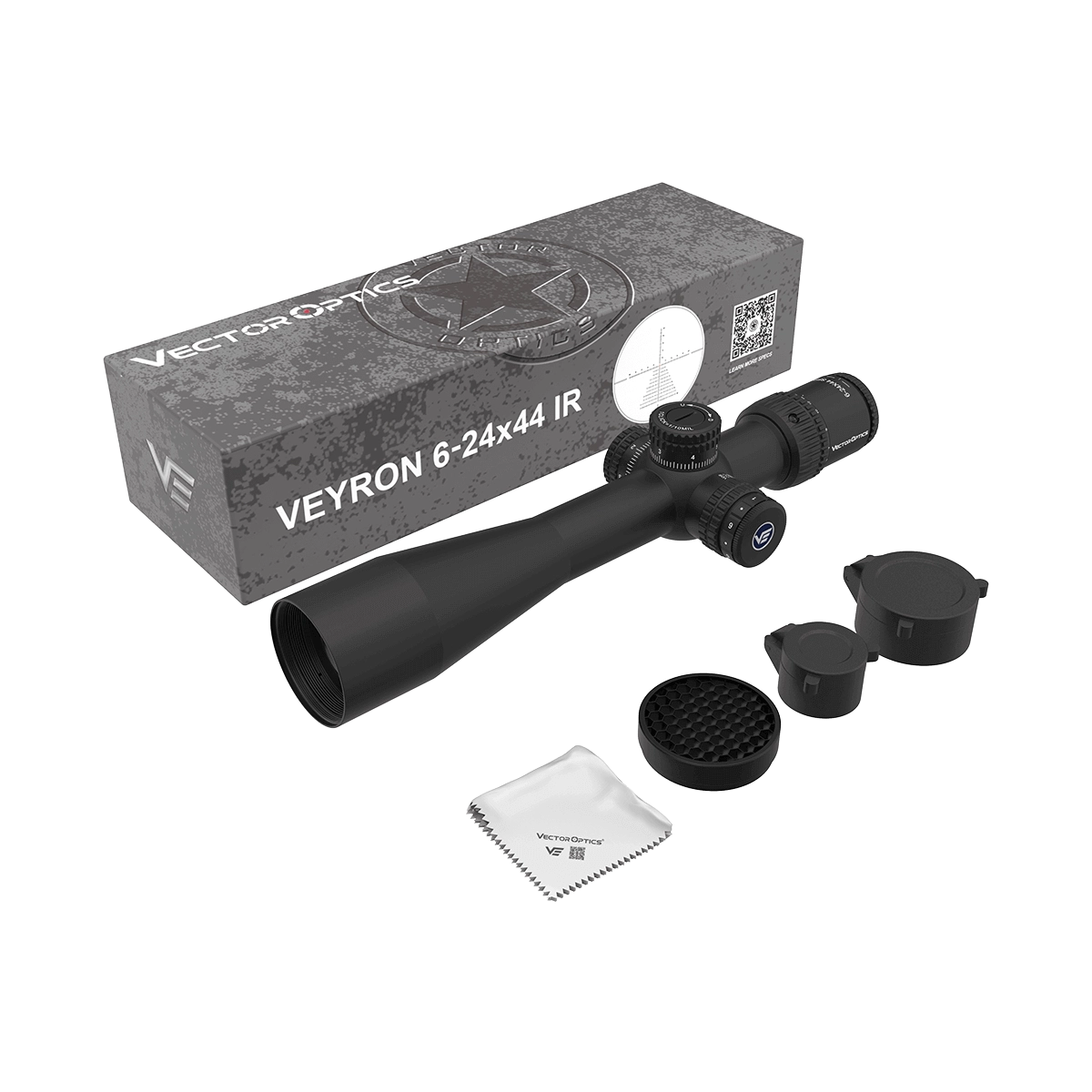 Veyron 6-24x44IR Zielfernrohr im Set mit Zubehör wie Linsenabdeckungen, Reinigungstuch und Wabenfilter – perfekt für Jagdabenteuer.