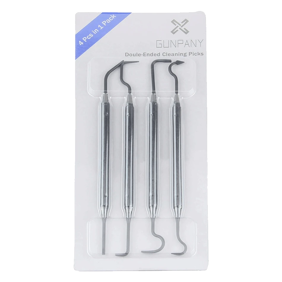 Verpacktes 4er-Set Polymer Reinigungspicks mit 8 Hakenkombinationen, perfekt für schwer erreichbare Stellen bei Kameraoptiken.