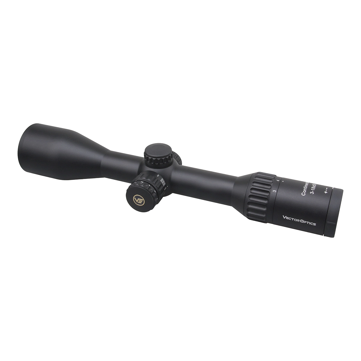 Schrägansicht des Continental x6 3-18x50 Zielfernrohrs mit SFP-Optik und Zero-Stop-Funktion für wiederholgenaue Einstellungen.