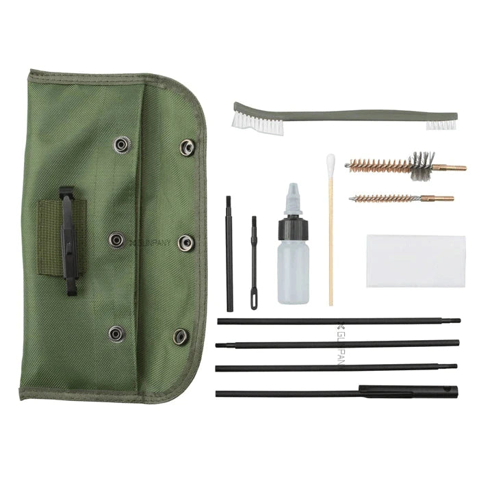 AR15 Reinigungsset 12-teilig mit Nylonbürste, Messingbürsten, Patch-Halter, Ölflasche und Reinigungsstäben in praktischer Klapptasche.