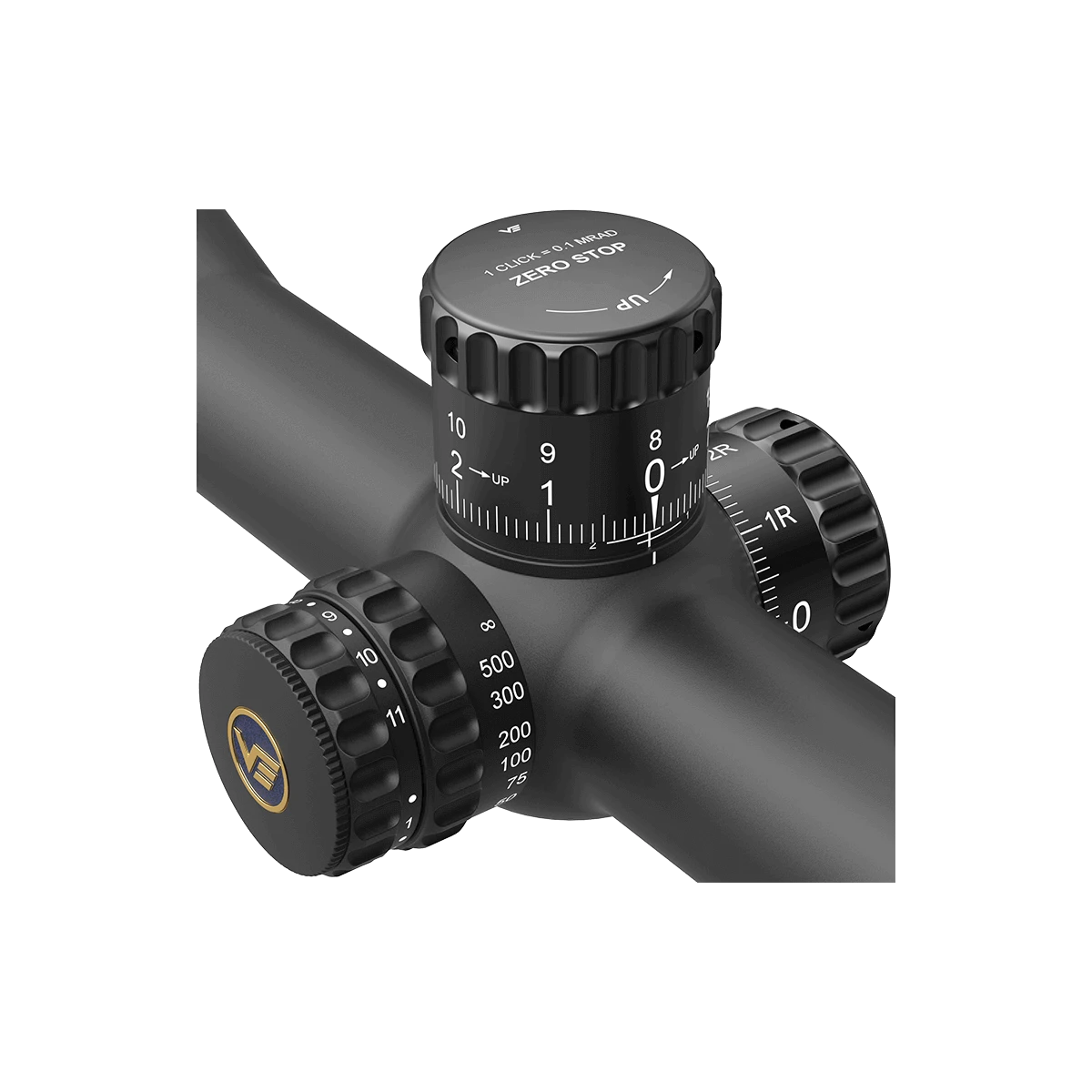 Detailansicht der Verstelltürme des Continental x8 4-32x56 SFP Zielfernrohrs mit Zero Stop Funktion für wiederholgenaue Einstellungen.