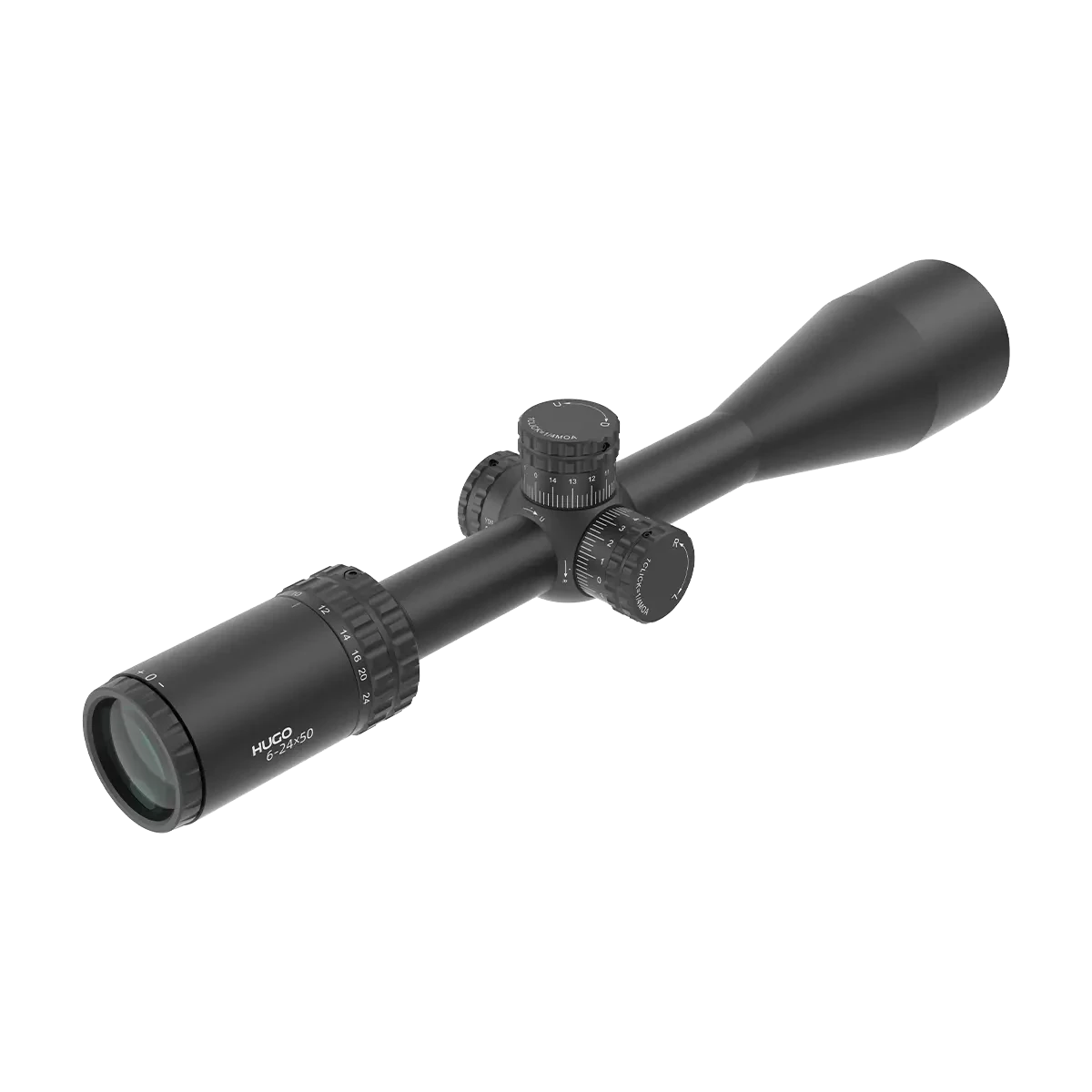 Rückseitige Ansicht des Hugo 6-24x50 SFP Zielfernrohrs mit Zoomring und Okular für einfache Vergrößerungseinstellung beim Schießen.