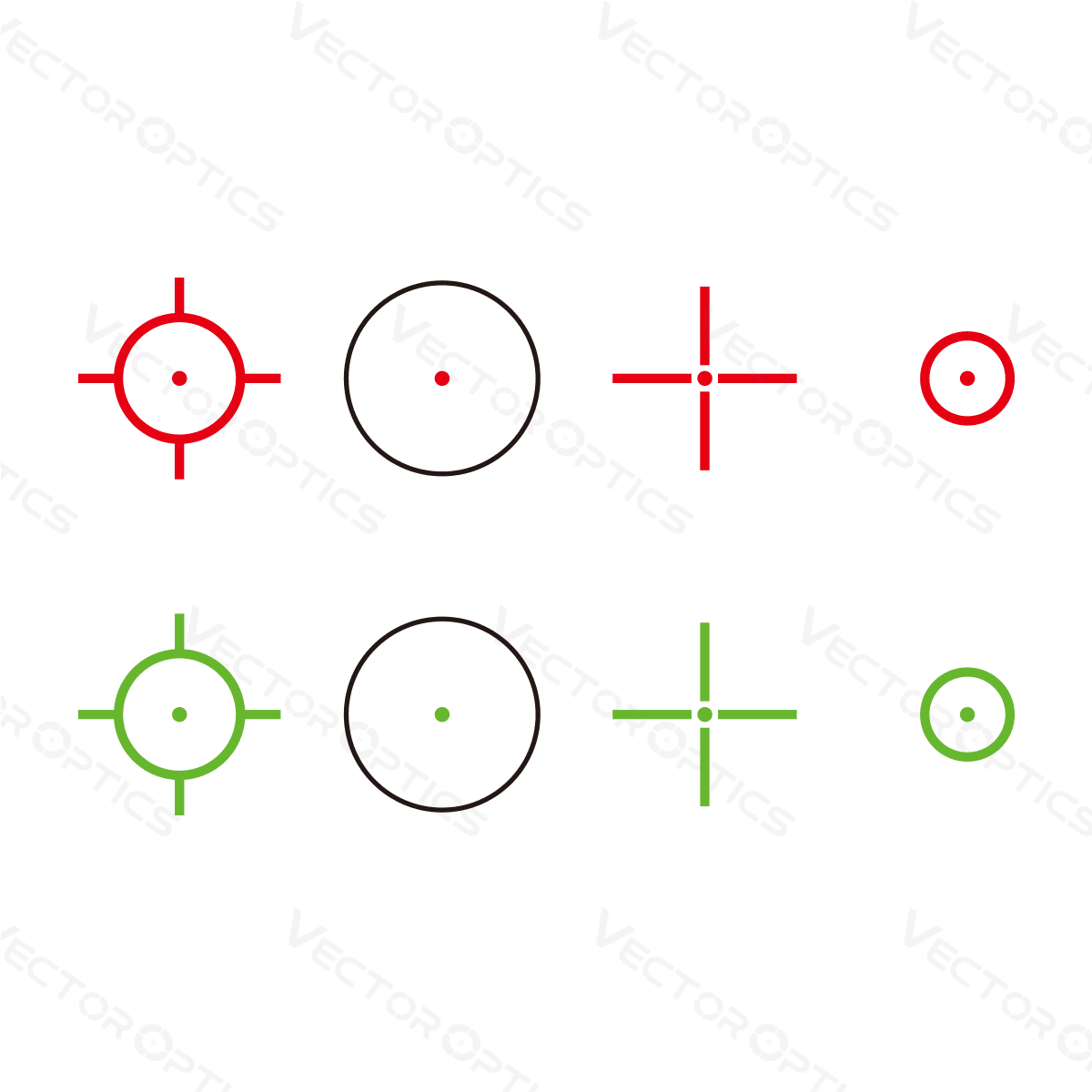 Vier auswählbare Absehen des Omega 1×23×33 Reflexvisiers SCRD‑48 in Rot und Grün, ideal für verschiedene Lichtverhältnisse und Zielpräferenzen.