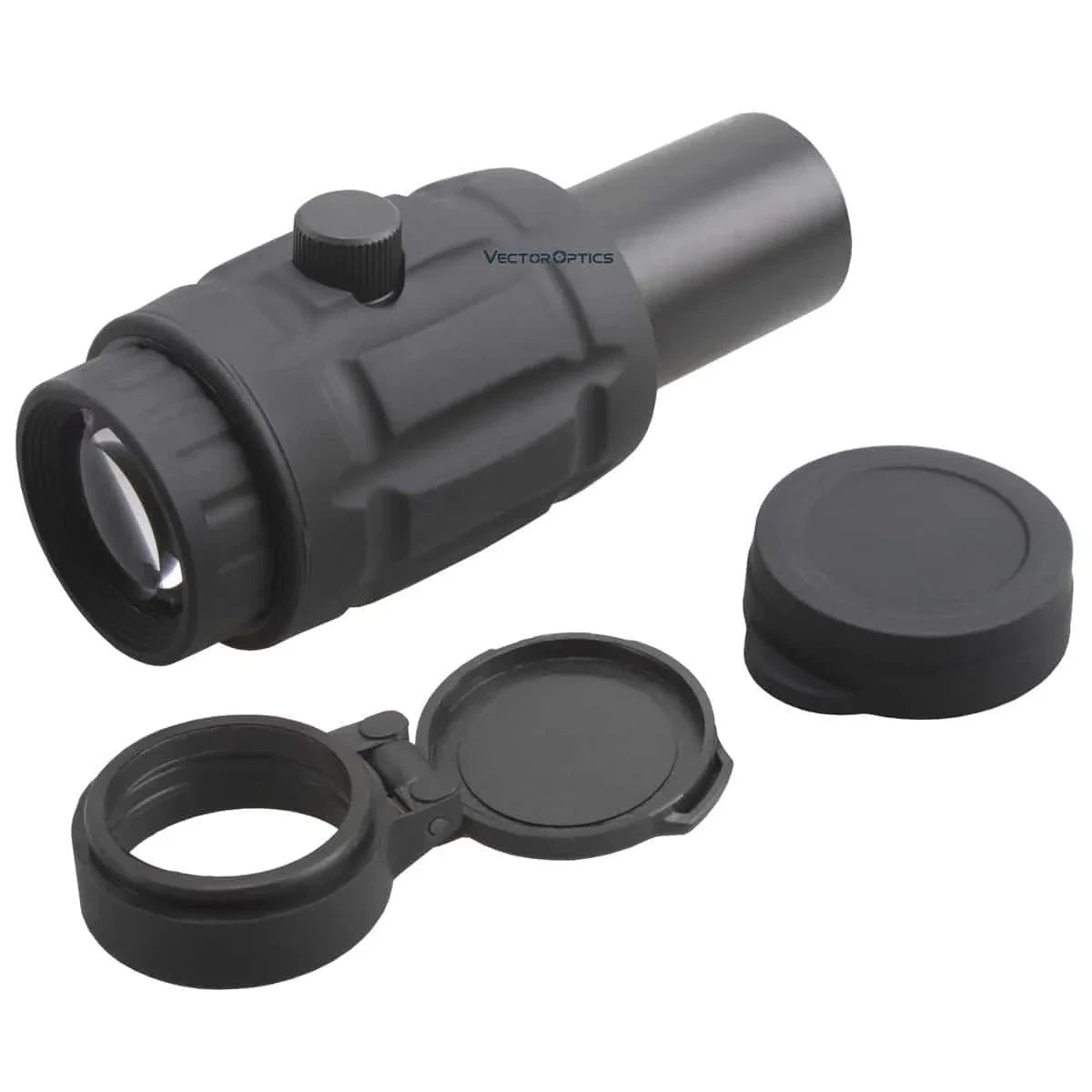 Vector Optics 5x Magnifier Maverick mit Schutzkappen und Flip-to-Side-Technologie, ideal für präzise Zielerfassung auf Picatinny-Schienen.