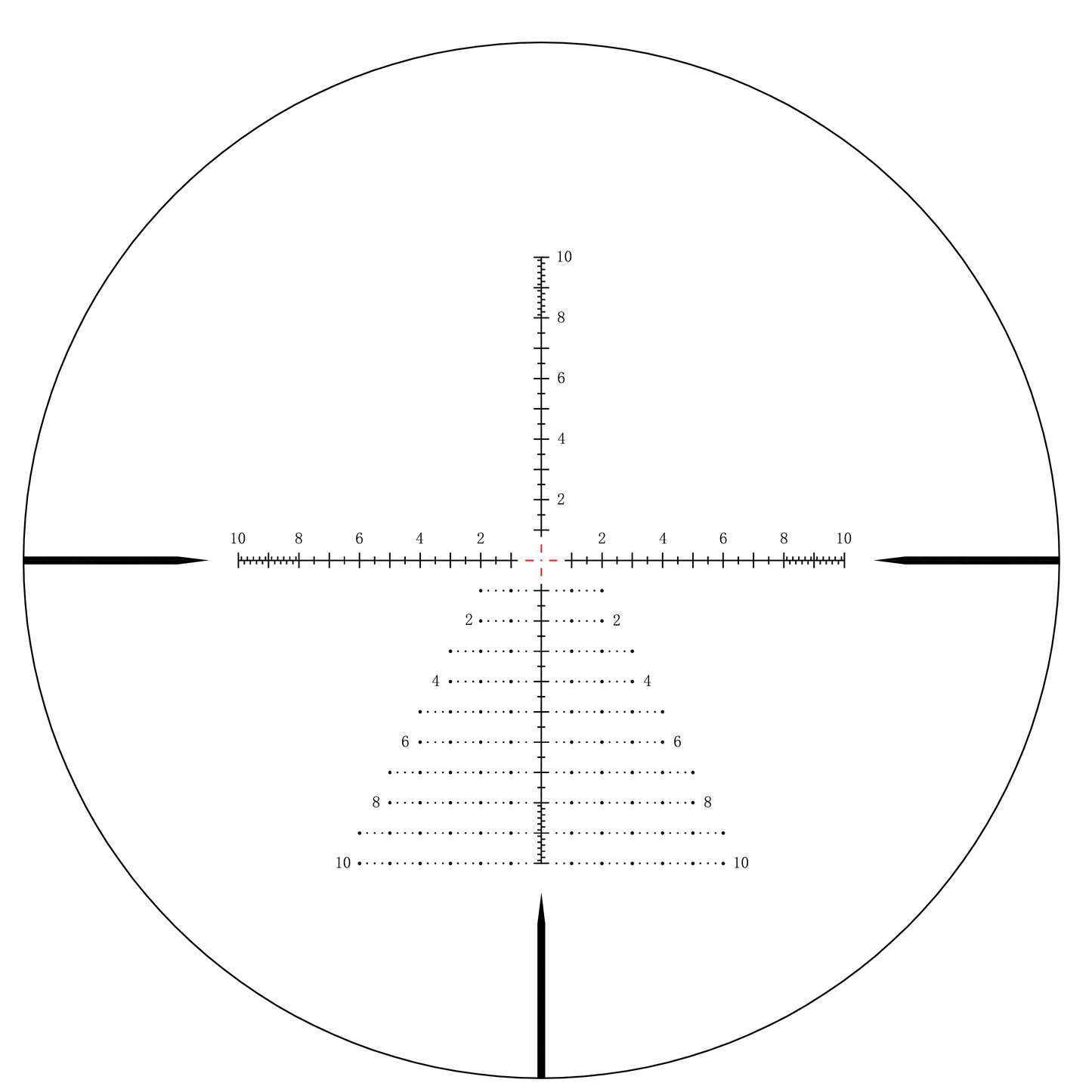 Absehenansicht des Vector Optics Tauron 2-16x50 HD SFP mit feinem roten Punkt für präzises Zielen bei variablen Lichtverhältnissen.