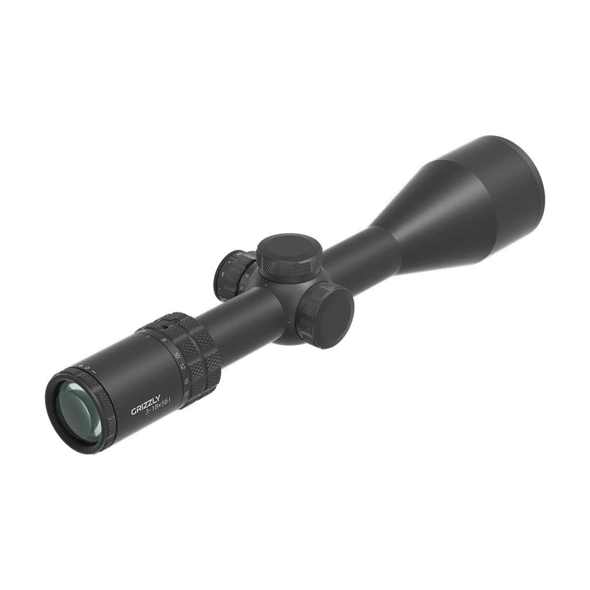 Rückansicht des Grizzly 3-18x56i HD Zielfernrohrs mit verstellbarem Okular und HD-Linsen für klare Sicht bei Dämmerung.