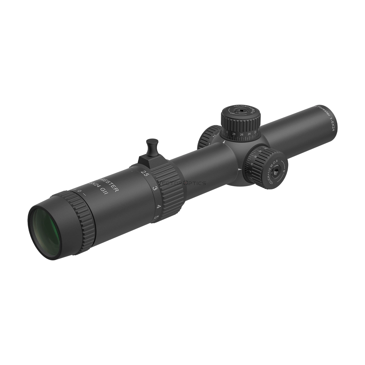 LPVO-Zielfernrohr Forester 1–5×24 SFP mit klarer Skalierung und ergonomischem Zoomring für Kurz- und Mitteldistanzziele.