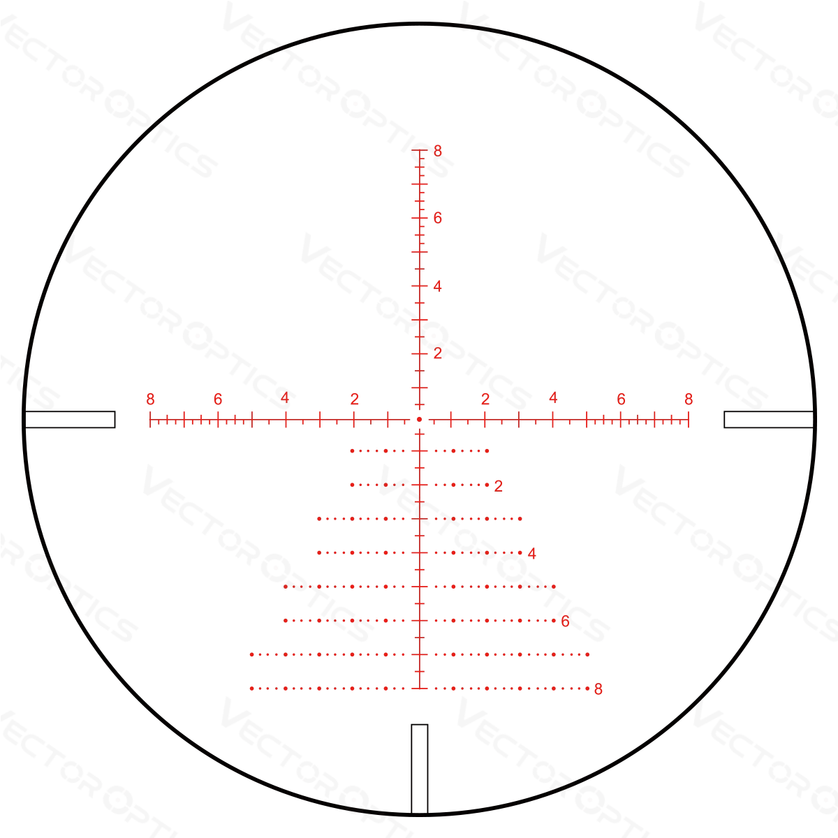 Absehen-Ansicht des Continental x8 3-24x56 SFP mit beleuchtetem Fadenkreuz für präzises Zielen bei verschiedenen Entfernungen.
