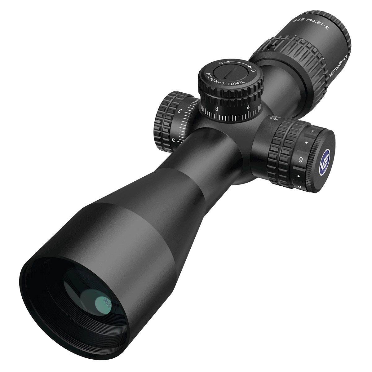Veyron 3–12×44 IR Zielfernrohr – Seitenansicht mit taktischen Türmen und kompaktem Design für präzises Schießen auf kurze bis mittlere Reichweite.