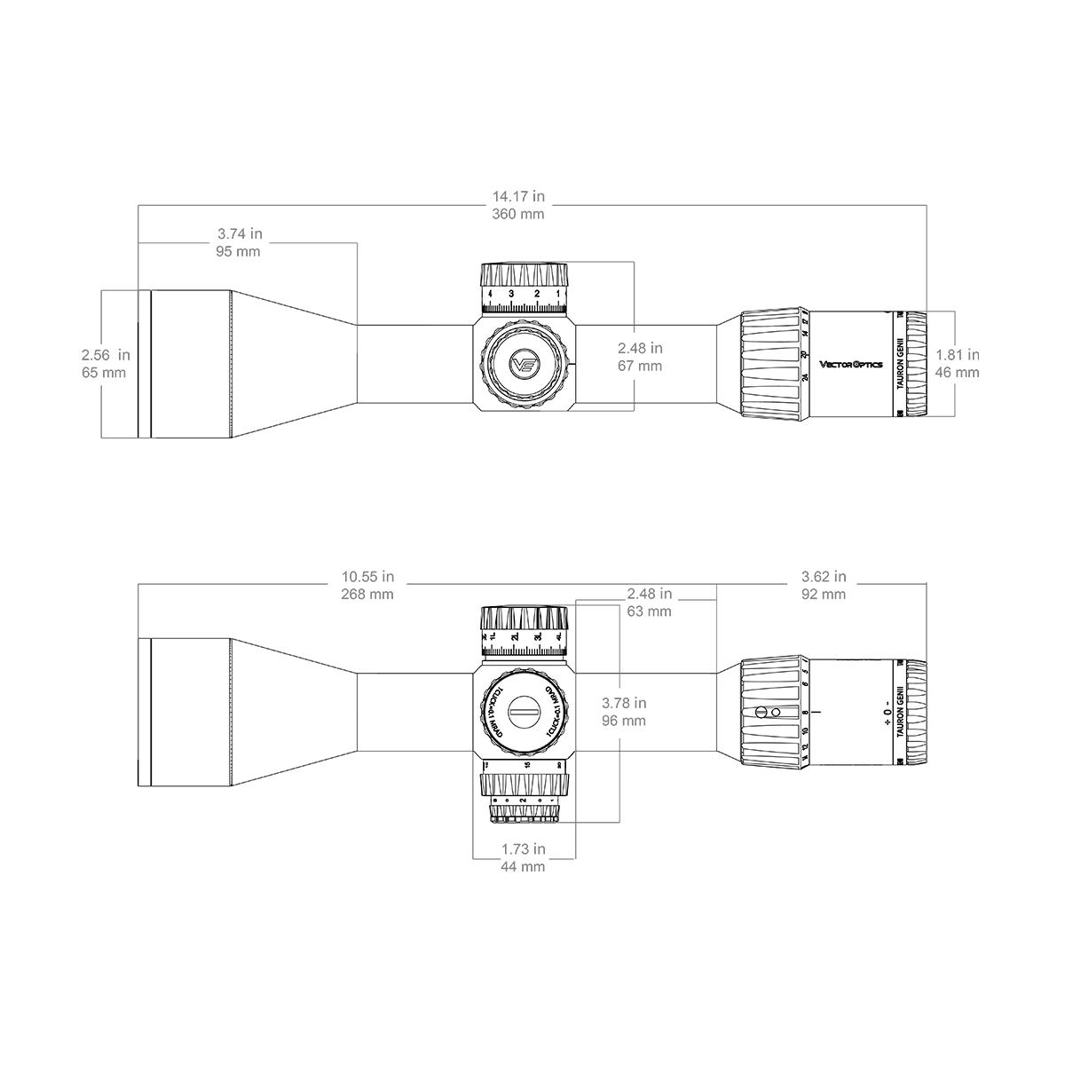 Technische Zeichnung des Tauron 3-24x56 ED SFP Zielfernrohrs mit detaillierten Maßangaben für präzise Montageplanung.