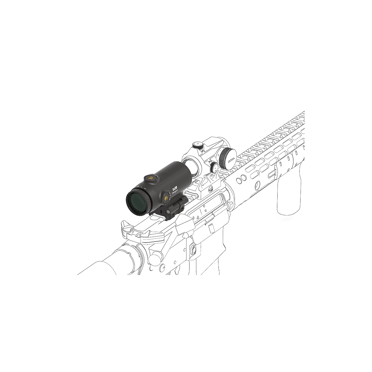 5x Magnifier Paragon SCMF-34 auf Waffe montiert mit Flip-to-Side-Funktion für schnelle Umschaltung zwischen Nah- und Fernsicht.
