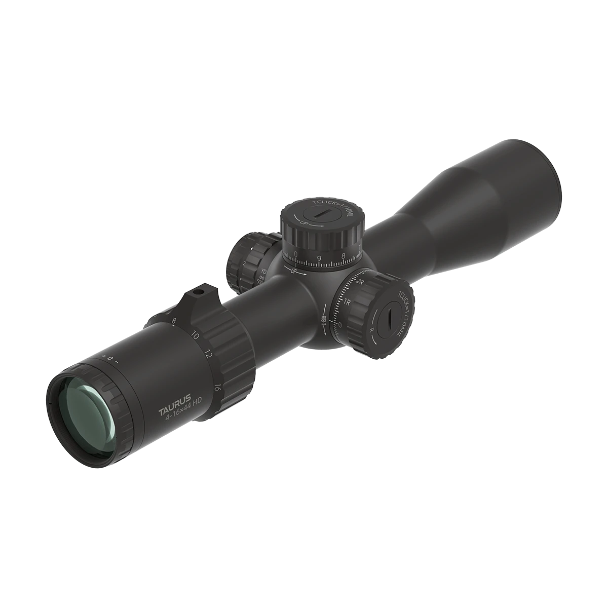 Detailansicht des Tauron 4-16x44 HD MIL Zielfernrohrs mit Vergrößerungsskala und MIL-Türmen für präzise Justierung.
