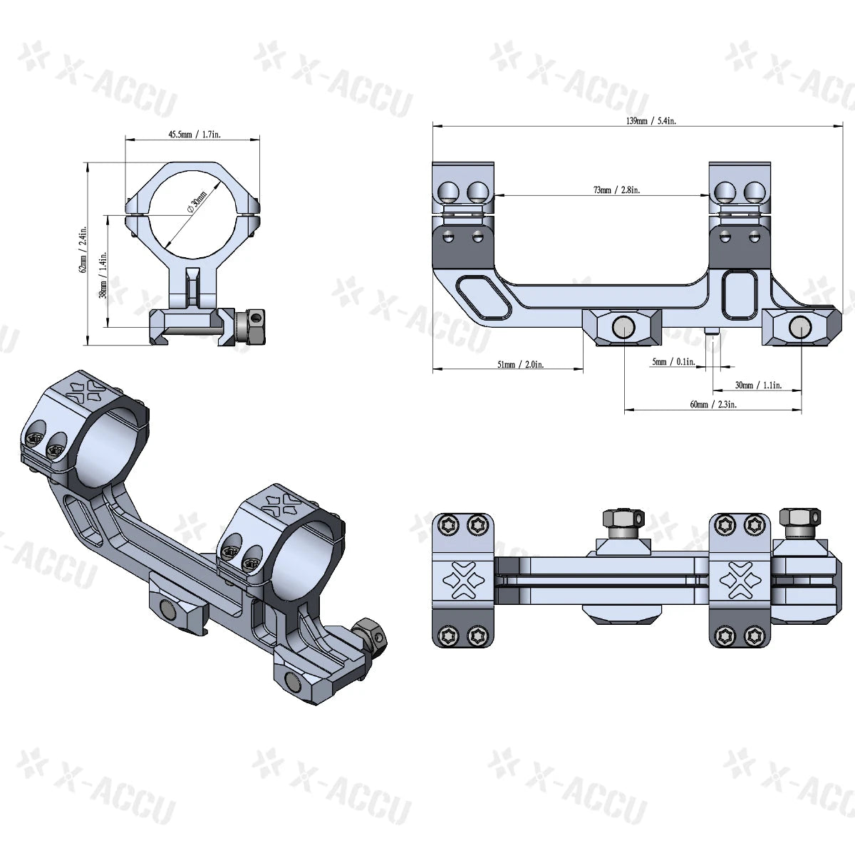 Technische Zeichnung der Cantilever Höhe 38mm 30mm AR Montierung mit Maßangaben, ideal für präzise Montage von Zielfernrohren auf AR-Systemen.
