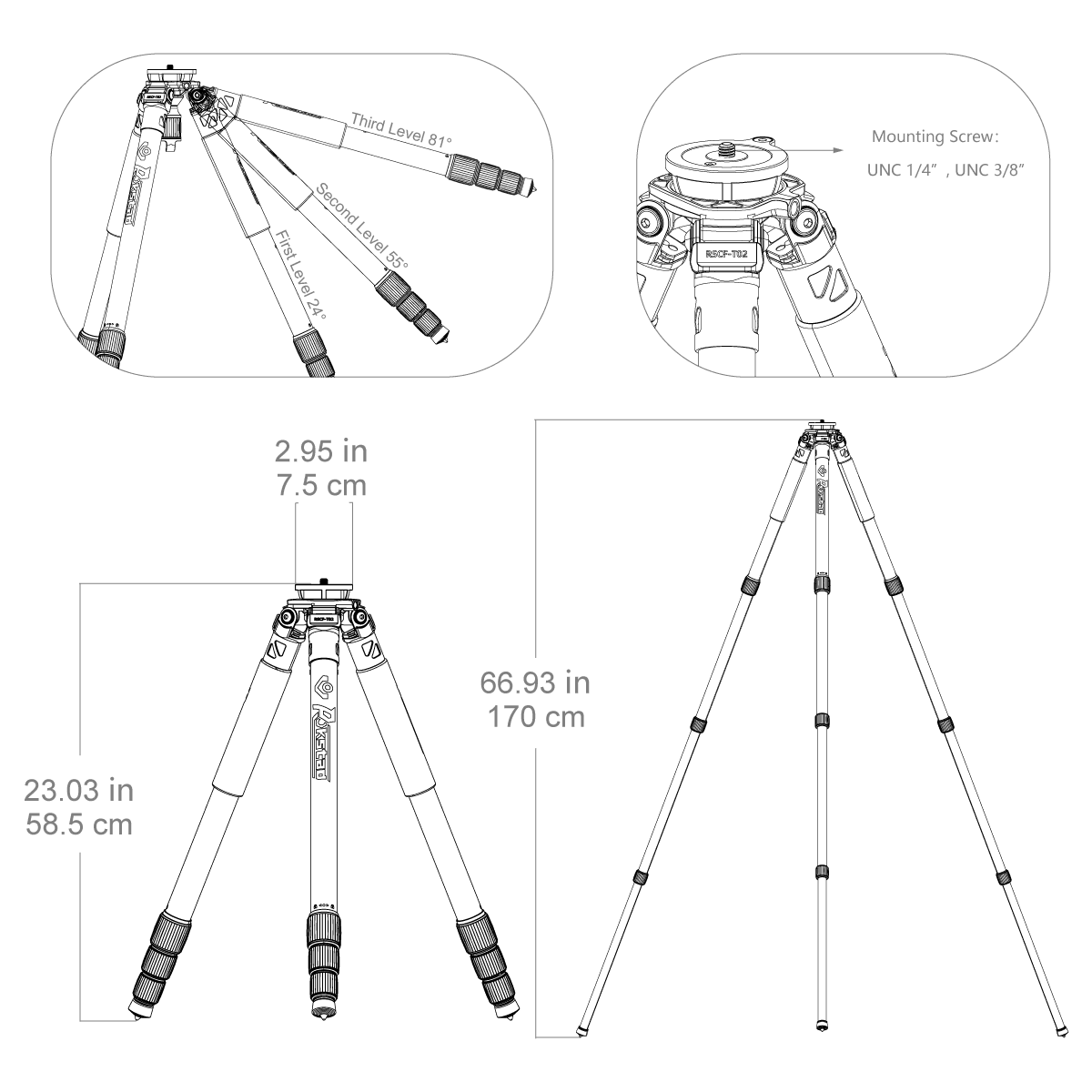 Technische Zeichnung des Tripod aus Karbon lang (RSCF-T02) von Vector Optics mit Maßen, Beinwinkeln und Montageoptionen.