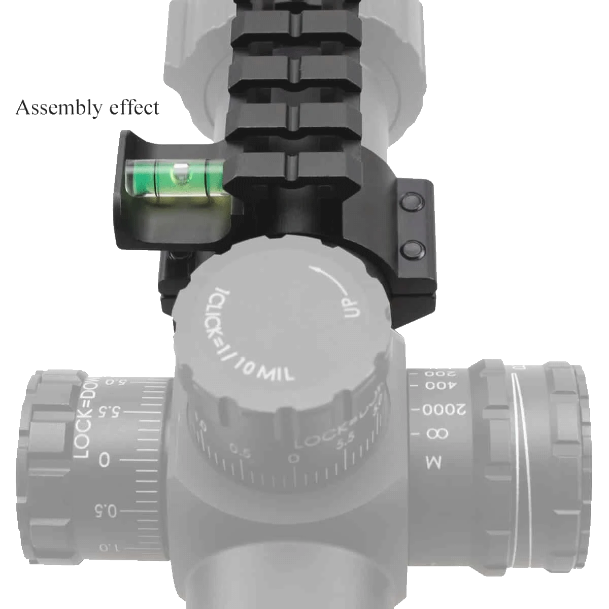 Montierte Wasserwaage mit Picatinny - 30/25.4mm Tubus auf Zielfernrohr, zeigt präzise Ausrichtung und zusätzliche Picatinny-Schiene für Zubehör.