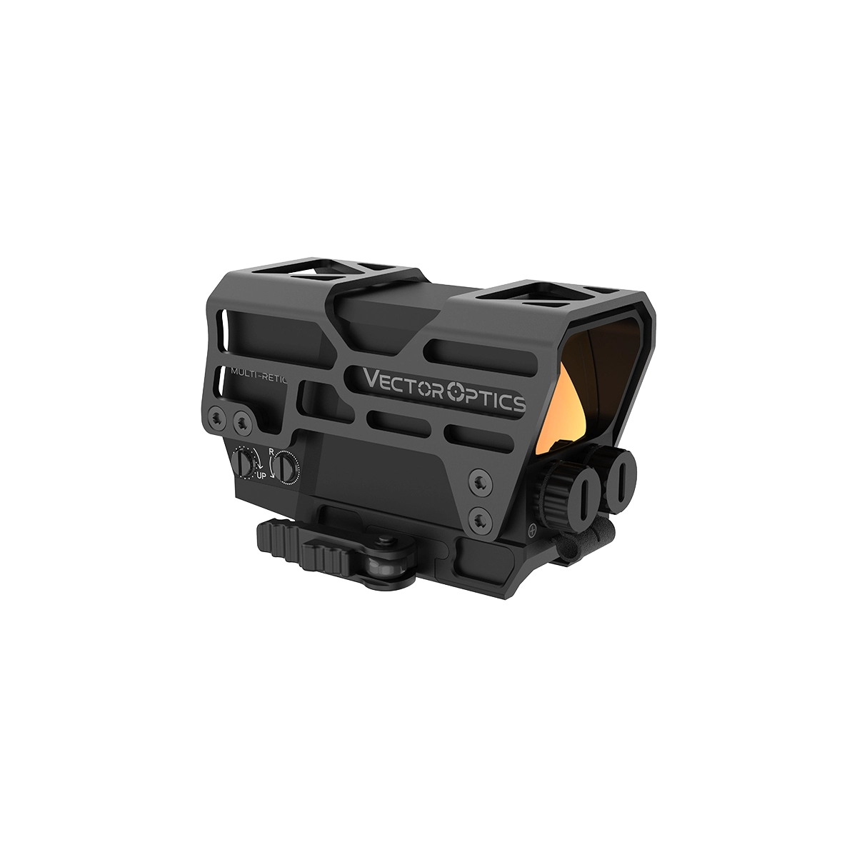 Seitliche Ansicht des Frenzy Plus 1×31×26 Red Dot mit IP67-Schutz und Schnellspannmontage. Perfekt für taktische Anwendungen.